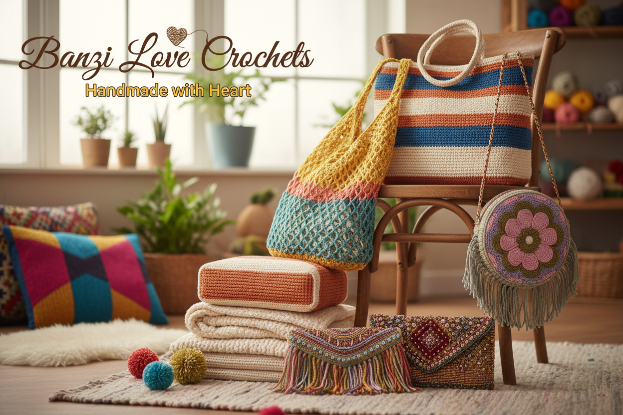 Hero banner featuring crochet bags for Banzi Love Crochets